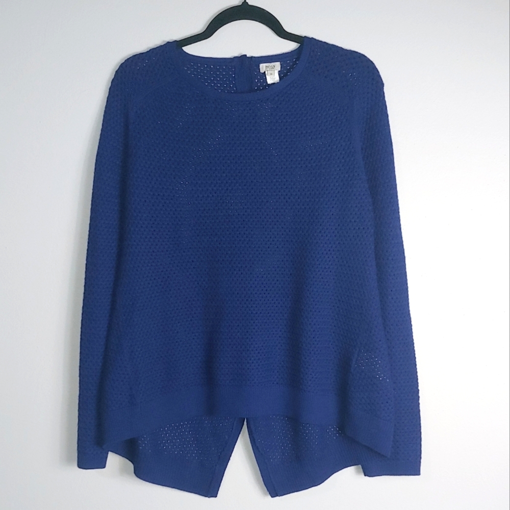 XL Hoss Intropia Royal Blue Button Back Merino Wool Blend Open Knit Swea…‎
